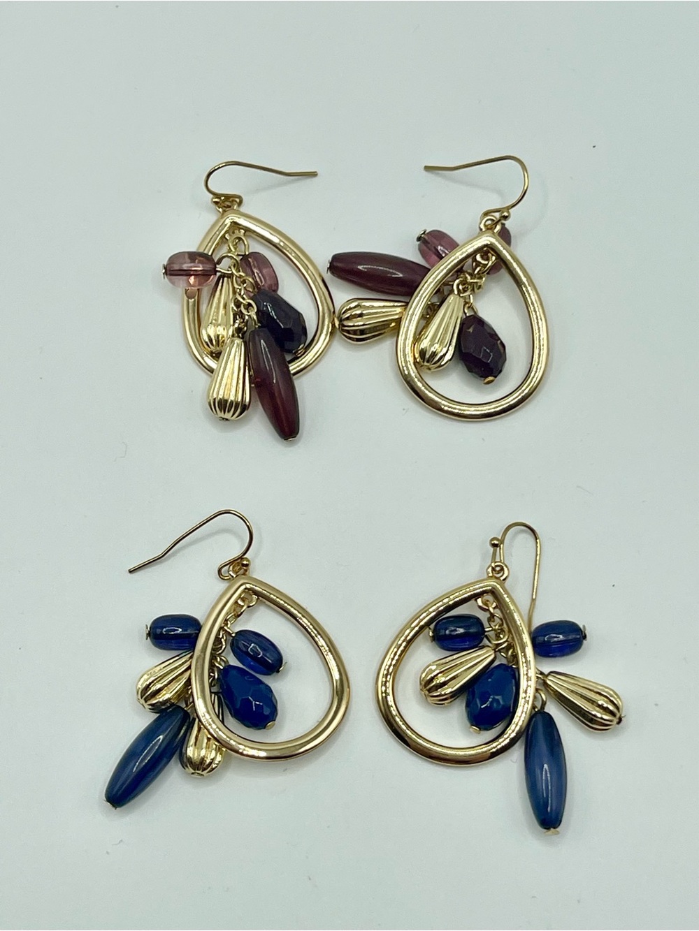 Gold Tone Teardrop Dangle Earrings with Blue or Plum Beads 2 pairs